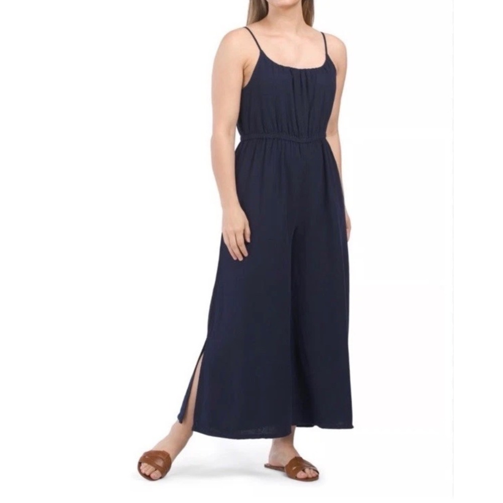 Haute Hippie Sleeveless‎ Linen Blend Wide Leg Jumpsuit Navy Blue XL NWOT